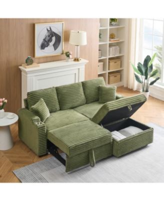 80" Corduroy Sofa Bed with Reclining, Footstool, & Cup Holders - Green