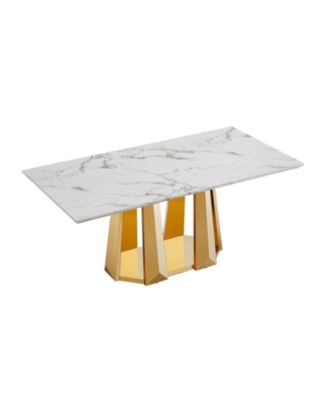 70" Faux Marble Dining Table, Mirrored Base (Gold/White)
