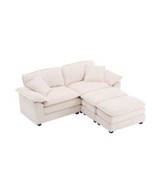 Corduroy 2-Seat Sofa with Pillows & Ottomans - White