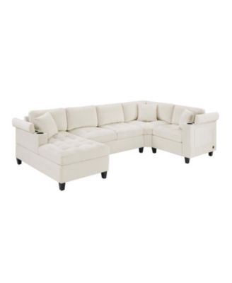 Modern U-Shaped Sectional Sofa with USB & Storage, Beige