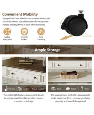 Streamdale Farmhouse Coffee Table - Drawer, Wheels, Solid Wood Legs