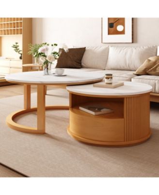  Round Marble Top Nesting Coffee Table, 2-Tier Storage, Drawer, Natural, 28.5"
