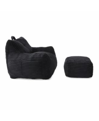 Giant Plush Bean Bag Chair w/ Footstool - Comfy Black Lounge Sofa