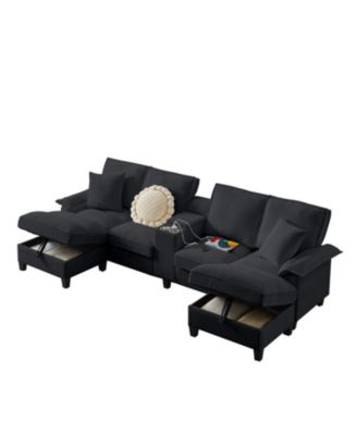 Corduroy Sectional Sofa Bed w/Storage, U-Shape, 4-Seater, Cup Holders