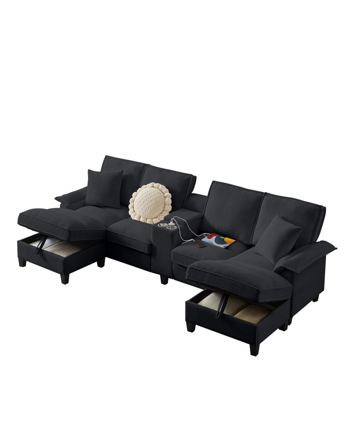 Streamdale Furniture Corduroy Sectional Sofa Bed w/Storage, U-Shape, 4-Seater, Cup Holders