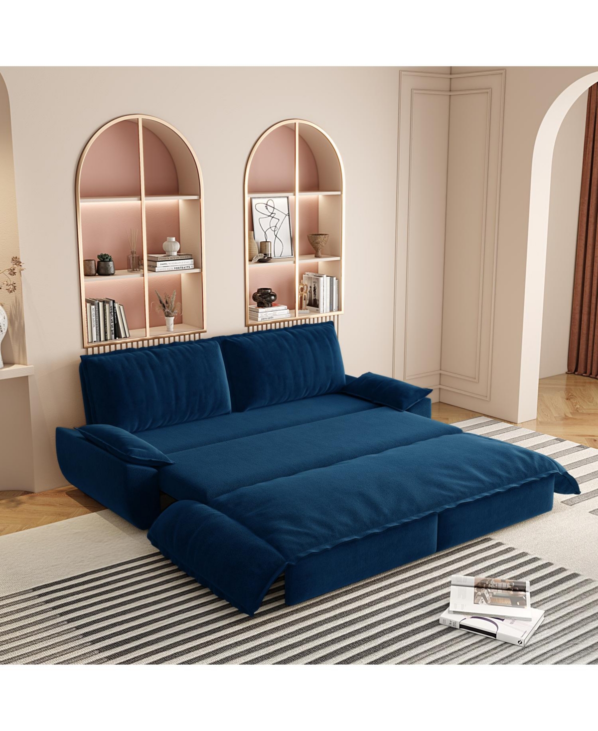 Streamdale Furniture Queen Pull Out Sleeper Sofa Bed - 3-in-1 Convertible Velvet Loveseat, Blue