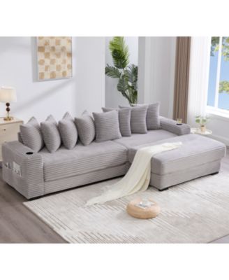 Corduroy L-Shaped Sectional Sofa w/ Ottoman, Pillows & Cup Holders - Light Gray