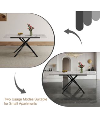 59" Modern Expandable Dining Table, Sintered Stone Top, Black X-Base