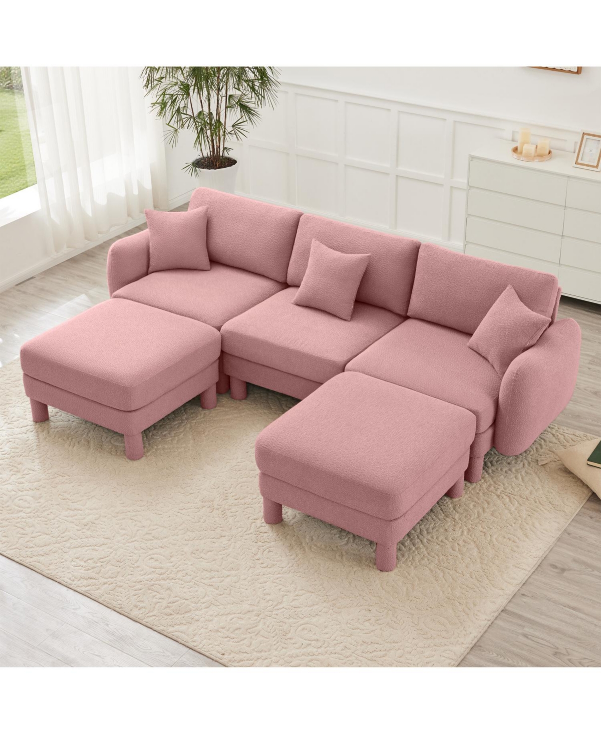 Streamdale Furniture Pink Boucle U-Shape Sectional Sofa with Shell Armrests & Ottomans