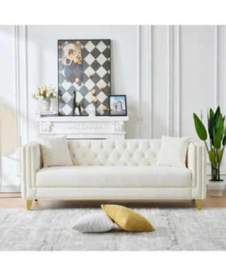 80" Chesterfield Velvet Sofa, 3-Seater, Button Nailhead, Beige