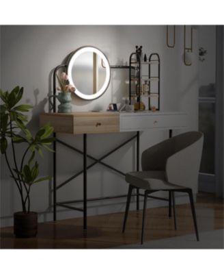 White Vanity Desk with Mirror, Charger, and Storage