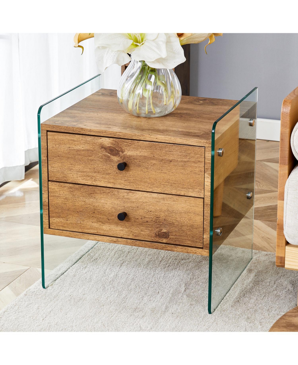 Streamdale Furniture Elegant Double-Drawer Glass Bedside Table