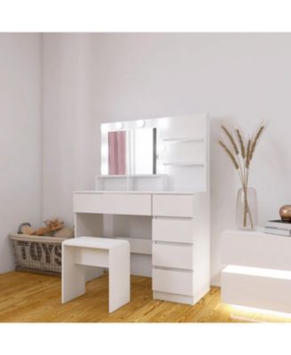 Vanity Desk with Mirror, Storage, Power Strip & Lighting