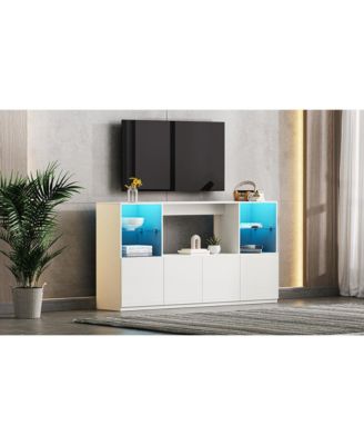 High Gloss TV Stand with LED Lights, Large Storage & Tempered Glass Shelves (Black, 67"Wx13.7"D)