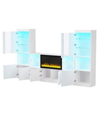 Modern TV Stand with Non-Heating Electric Fireplace, LED Lights, and Tempered Glass Shelves for up to 75" TVs