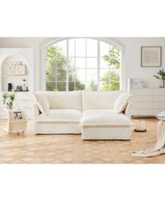 Slipcovered Sectional 2-Seater with Convertible Ottoman and Soft Pillows, Corduroy Fabric, Cream