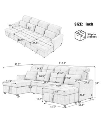 Oversized Sectional Sofa Bed with Storage and USB Ports