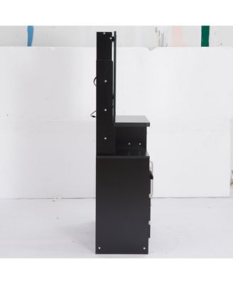 Multifunctional Bedside Vanity Table with - LED Mirror- Power Station- Hair Dryer Bracket- Cushioned Stool- Tri-Color Lighting