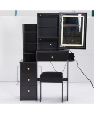 Multifunctional Bedside Vanity Table with - LED Mirror- Power Station- Hair Dryer Bracket- Cushioned Stool- Tri-Color Lighting