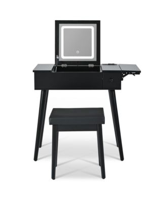 28" Black Vanity Desk with Flip-Top Mirror, LED Light, Charging Station, Drawers, and Stool
