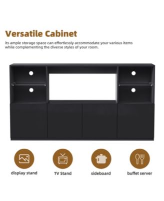 High Gloss TV Stand with LED Lights, Large Storage & Tempered Glass Shelves (Black, 67"Wx13.7"D)