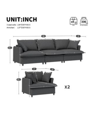 Chenille Sectional Sofa Set - 3 Seater Sofa & 2 Armchairs