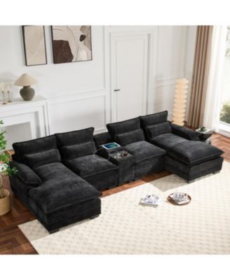 U-Shaped Sectional Sofa with USB & Cup Holders