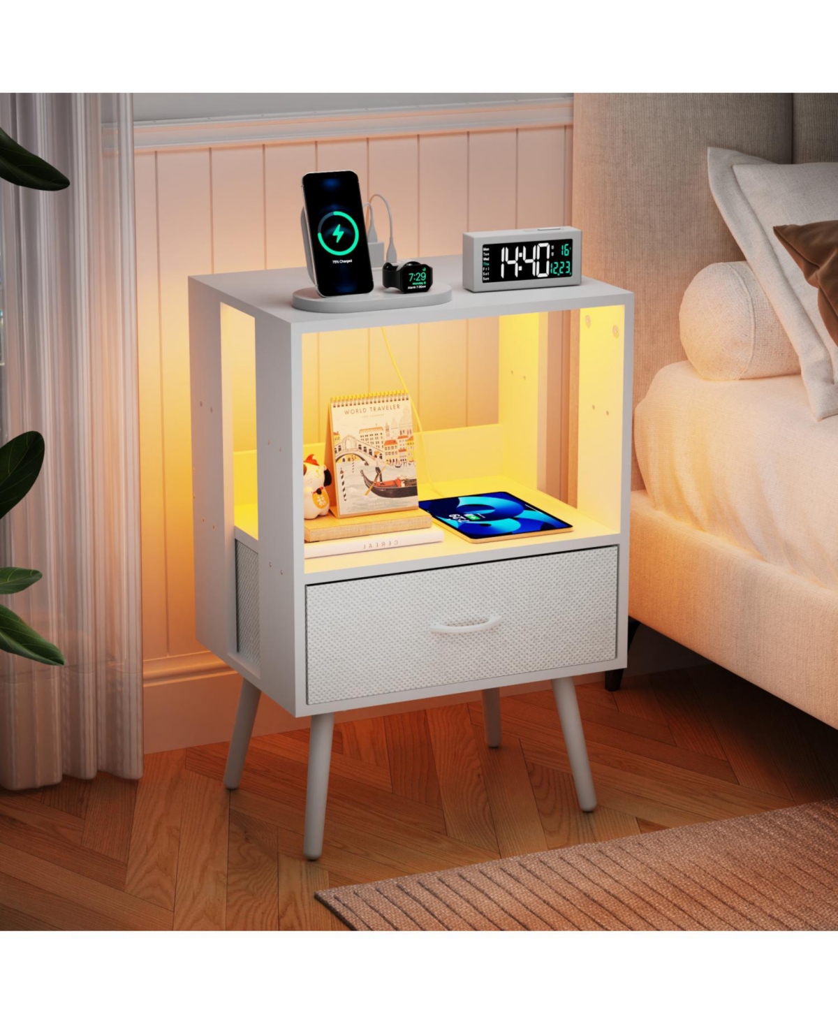 Streamdale Furniture Nightstand with Charging Led & Fabric Drawers