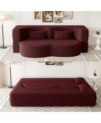 Teddy Fabric Convertible Sleeper Sofa Bed with 2 Pillows - Burgundy