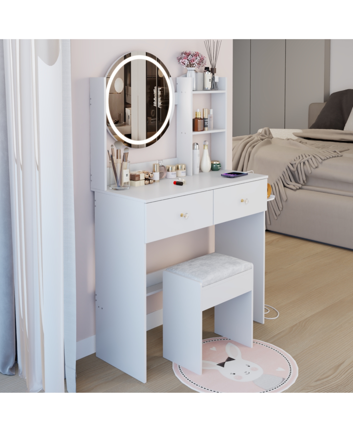 Streamdale Furniture 17" Led Vanity Table Set Touch 3 Colors Storage & Power