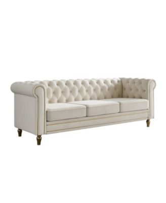 Chesterfield Velvet Sofa 84.65 inch for Living Room Beige Color