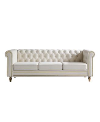 Chesterfield Velvet Sofa 84.65 inch for Living Room Beige Color
