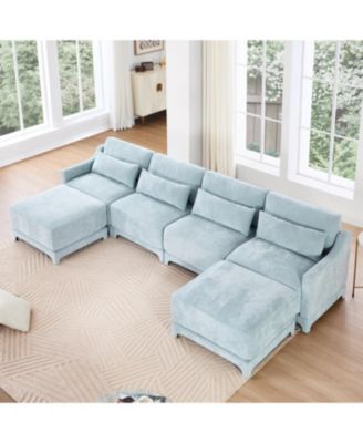 Sky Blue Chenille 4-Seater Sofa with Ottoman