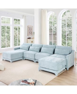 Sky Blue Chenille 4-Seater Sofa with Ottoman