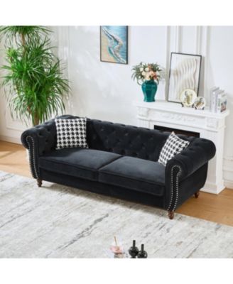 87" Chesterfield Velvet Sofa, Roll Arm, Nailhead Trim, 3 Seater