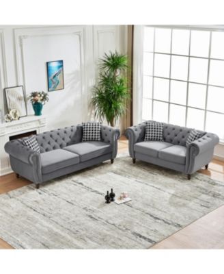 Streamdale Chesterfield Velvet Sofa Set, Roll Arm, Nailhead Trim, Gray