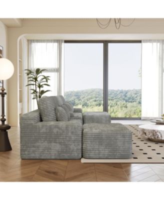  150" Sectional Sofa with 2 Ottomans, Light Grey Corduroy