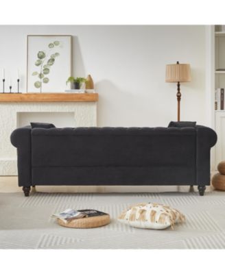  Velvet Chesterfield Sofa 85.5" Rolled Arms 3 Seater Button Design + 2 Cushions