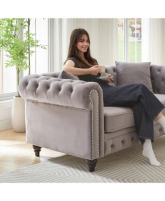 Modern Velvet Chesterfield Sofa with Nailhead Arms