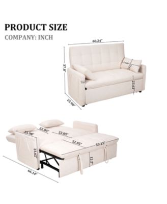 61" Fabric Sofa Bed with Storage Pockets & Adjustable Back