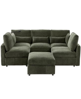 Modern Sectional Sofa U-shaped Couch with Ottoman, USB & Phone Holder - Green