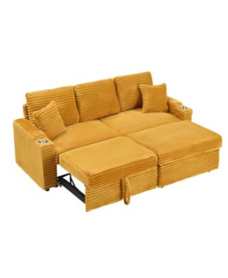  80" Corduroy Sofa with Reclining, Footstool, Cup Holders
