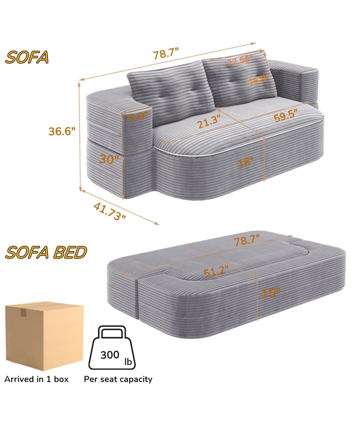 Streamdale Furniture 78.7" Foldable Corduroy Sofa Bed with Blanket & Pillows