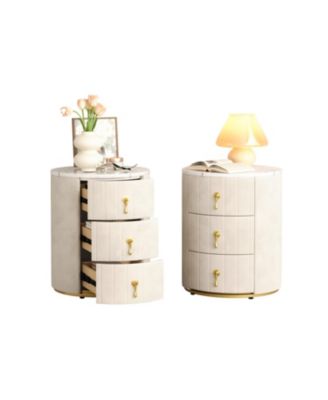 Upholstered Nightstand 2 Set, 3 Drawers, Round, Beige