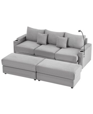 Modern 3-Seater Sectional Sofa w/ Storage, Ottomans, USB, Cup Holders - Grey