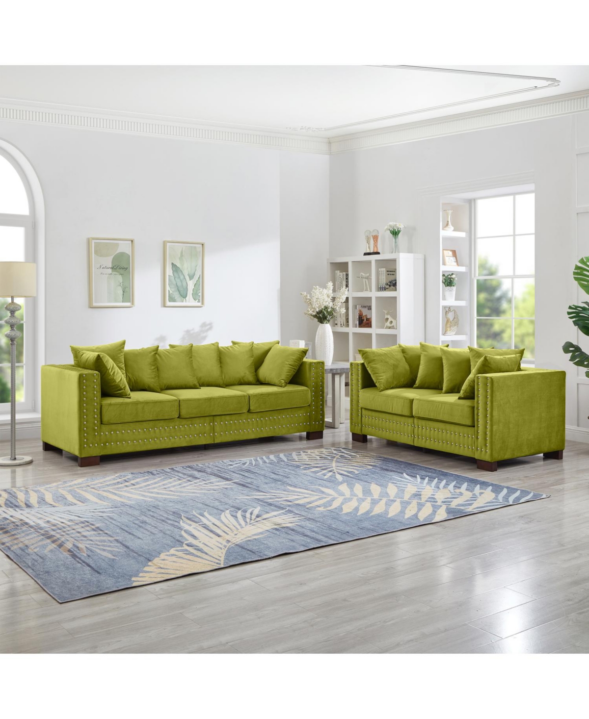 Streamdale Furniture Green Velvet Sofa 2+3 Seater, Silver Nailhead Trim