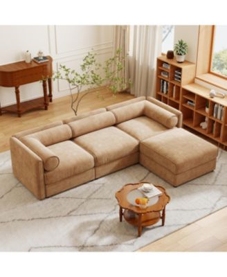 Streamdale Camel Chenille Sofa with Storage Ottoman, L-Shaped 3-Seater Couch