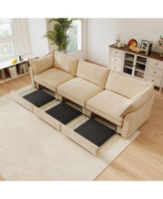 Chenille 3-Seater Sofa w/ Drawers, Crescent Arms