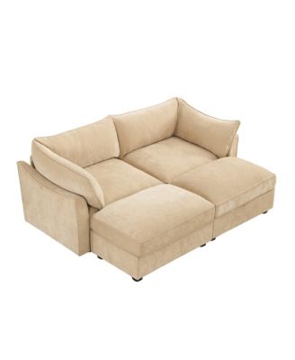 Chenille 2-Seater Sofa with Storage & Footstools - Wheat
