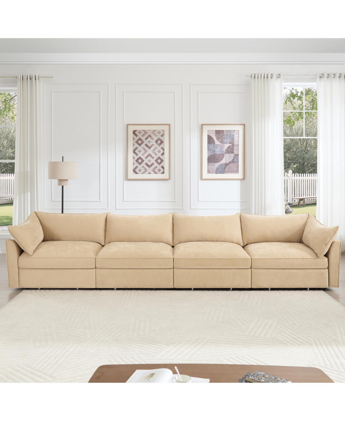 Streamdale Furniture Chenille 4-Seater Sofa w/ Underseat Drawers & Crescent Arms - Wheat